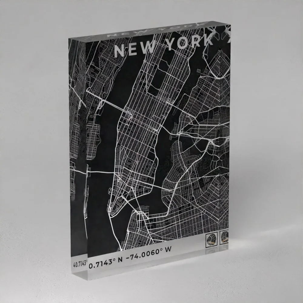 Acrylglasblock mit personalisierter schwarz-weißer Stadtkarte von New York